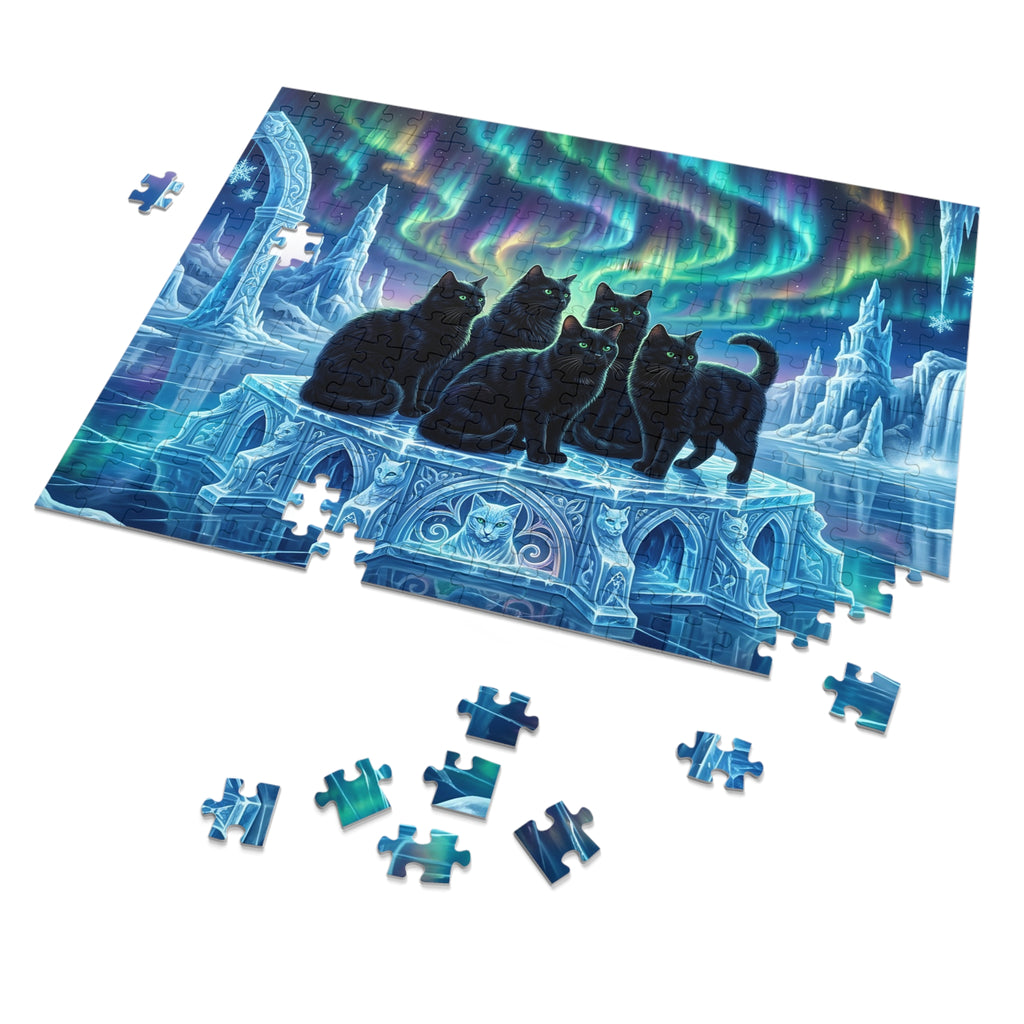 Black American Shorthair Northern Lights Ice Castle Jigsaw Puzzle