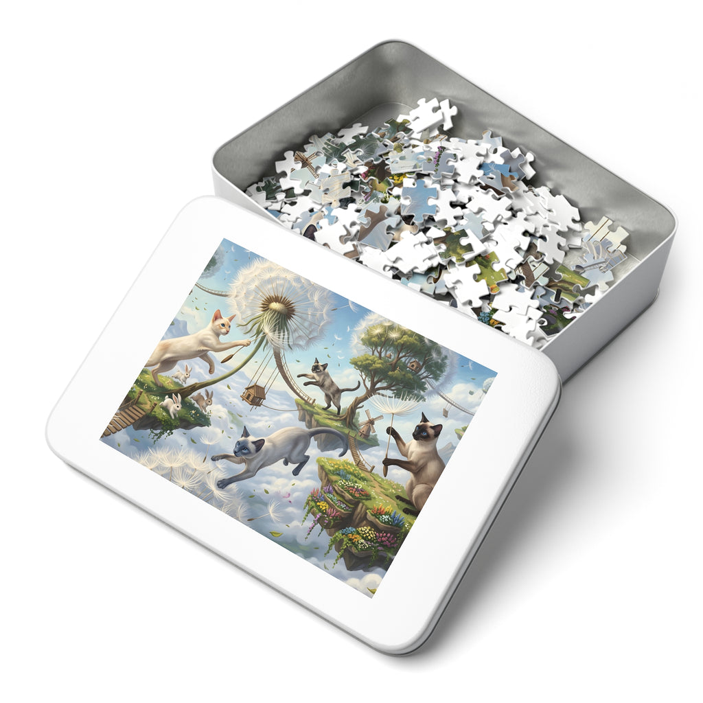 Siamese Cat Floating Dandelion Sky Island Jigsaw Puzzle