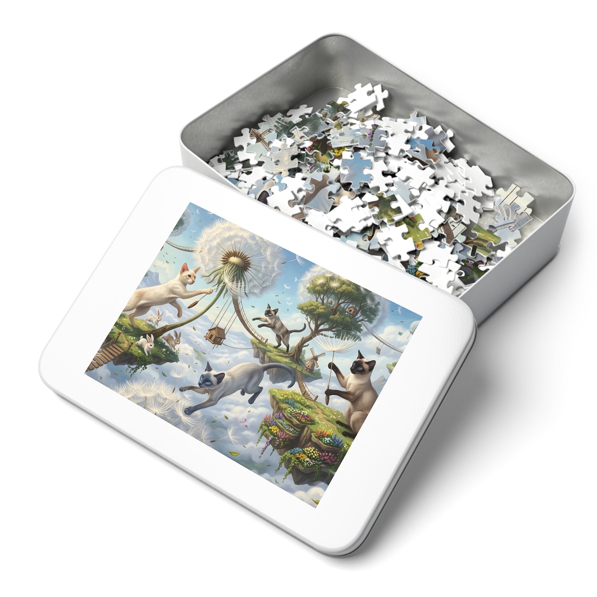 Siamese Cat Floating Dandelion Sky Island Jigsaw Puzzle
