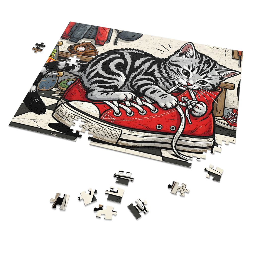 Silver Tabby American Shorthair Red Sneaker Locker Room Jigsaw Puzzle