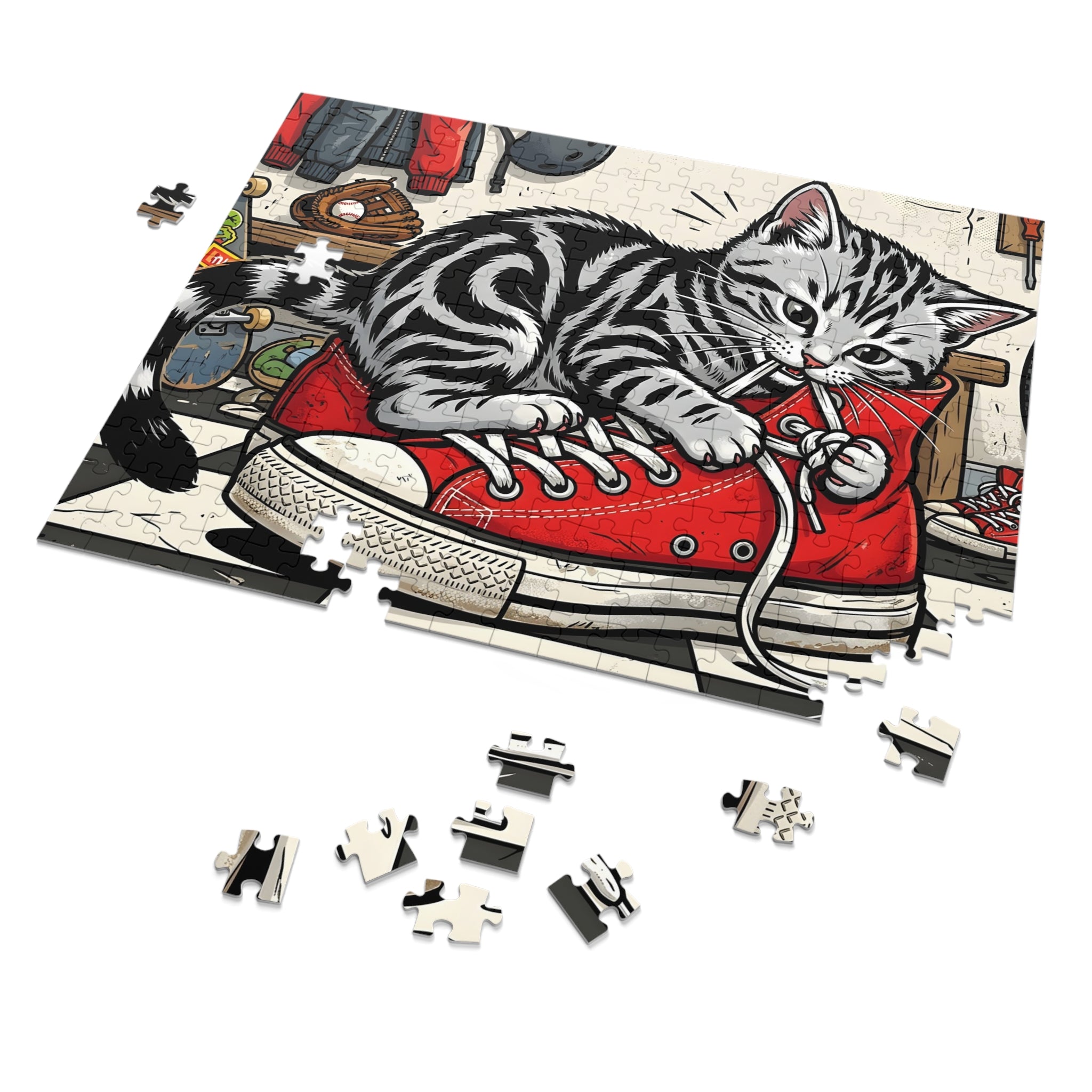 Silver Tabby American Shorthair Red Sneaker Locker Room Jigsaw Puzzle