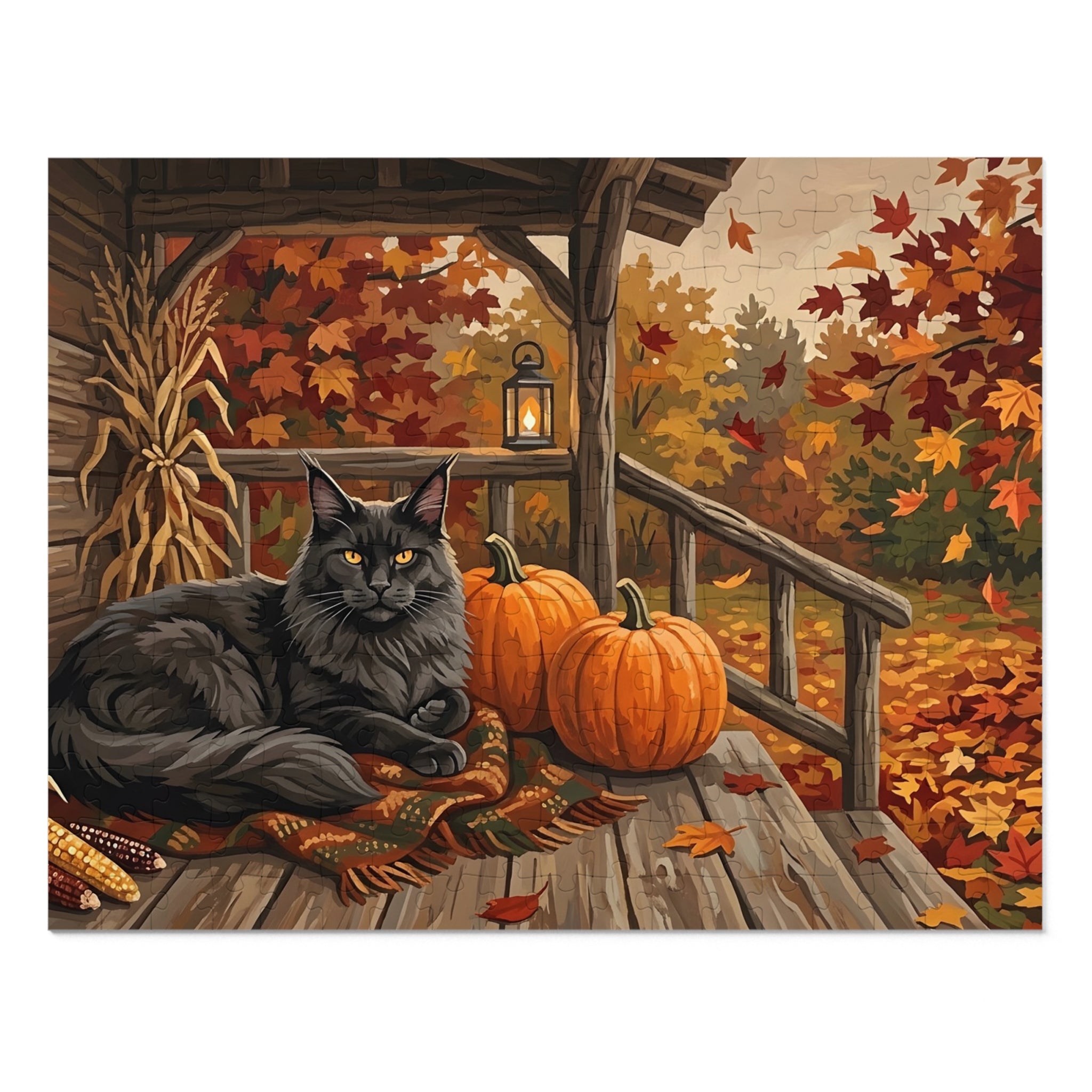 Black Maine Coon Autumn Porch Pumpkins Jigsaw Puzzle