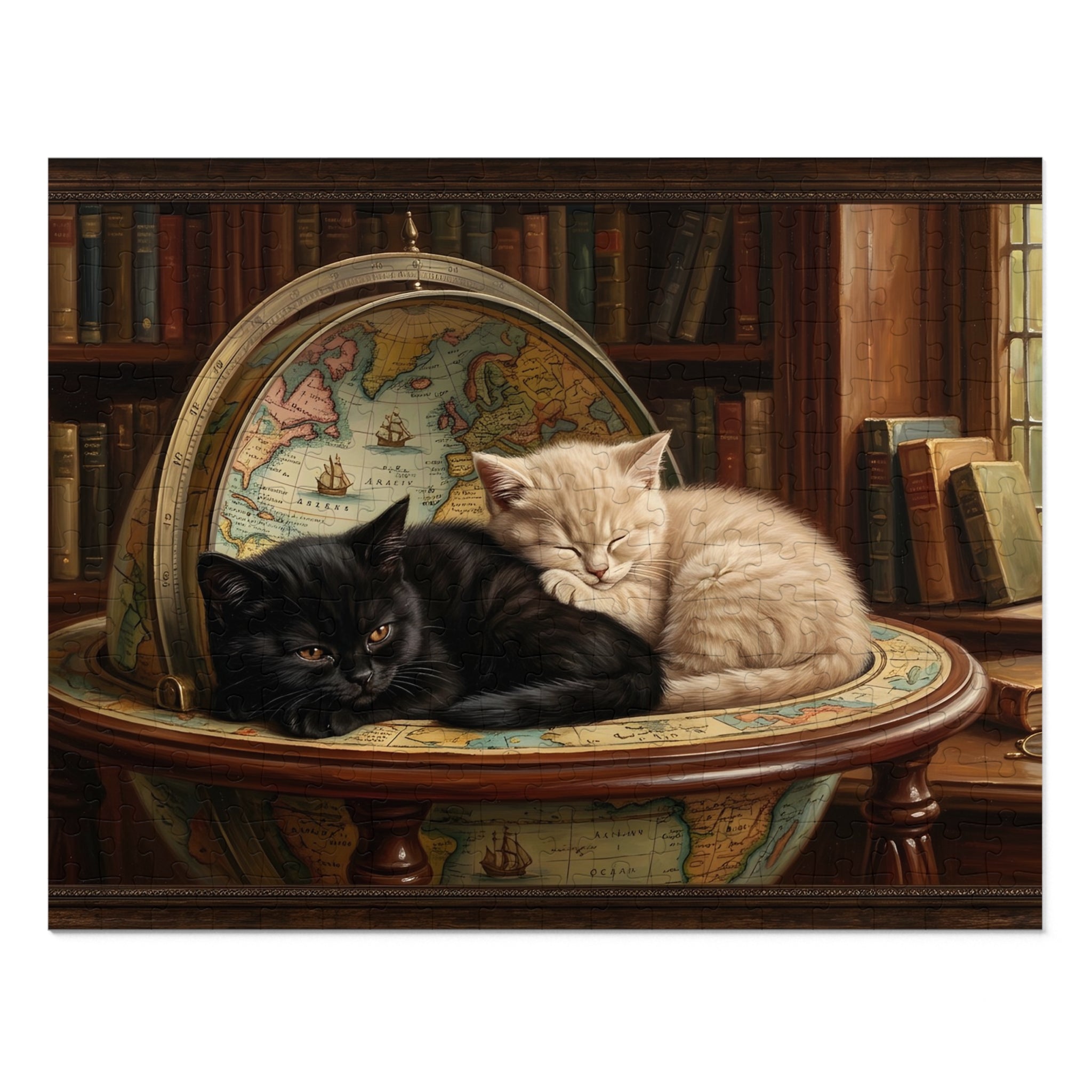 Black and Cream British Shorthair Kittens Globe Study Jigsaw Puzzle
