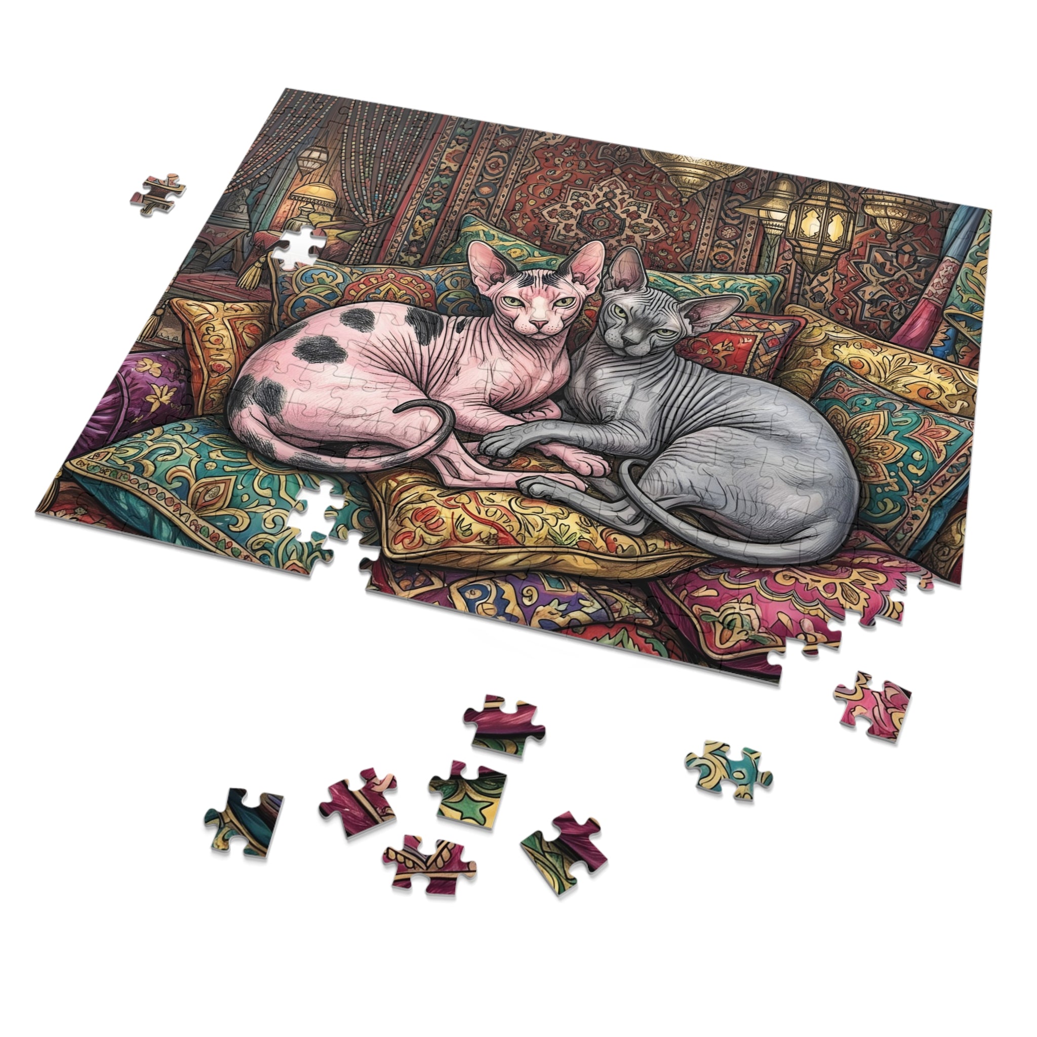 Pink Calico and Grey Sphynx Moroccan Lounge Pillows Jigsaw Puzzle