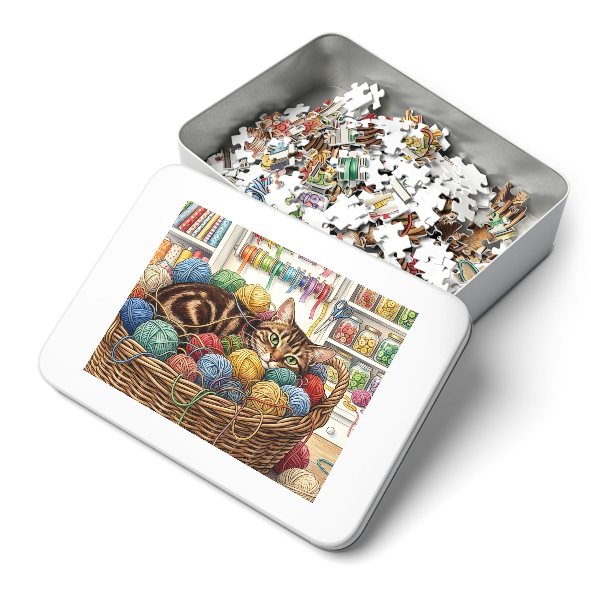 Brown Tabby American Shorthair Yarn Basket Craft Room Jigsaw Puzzle