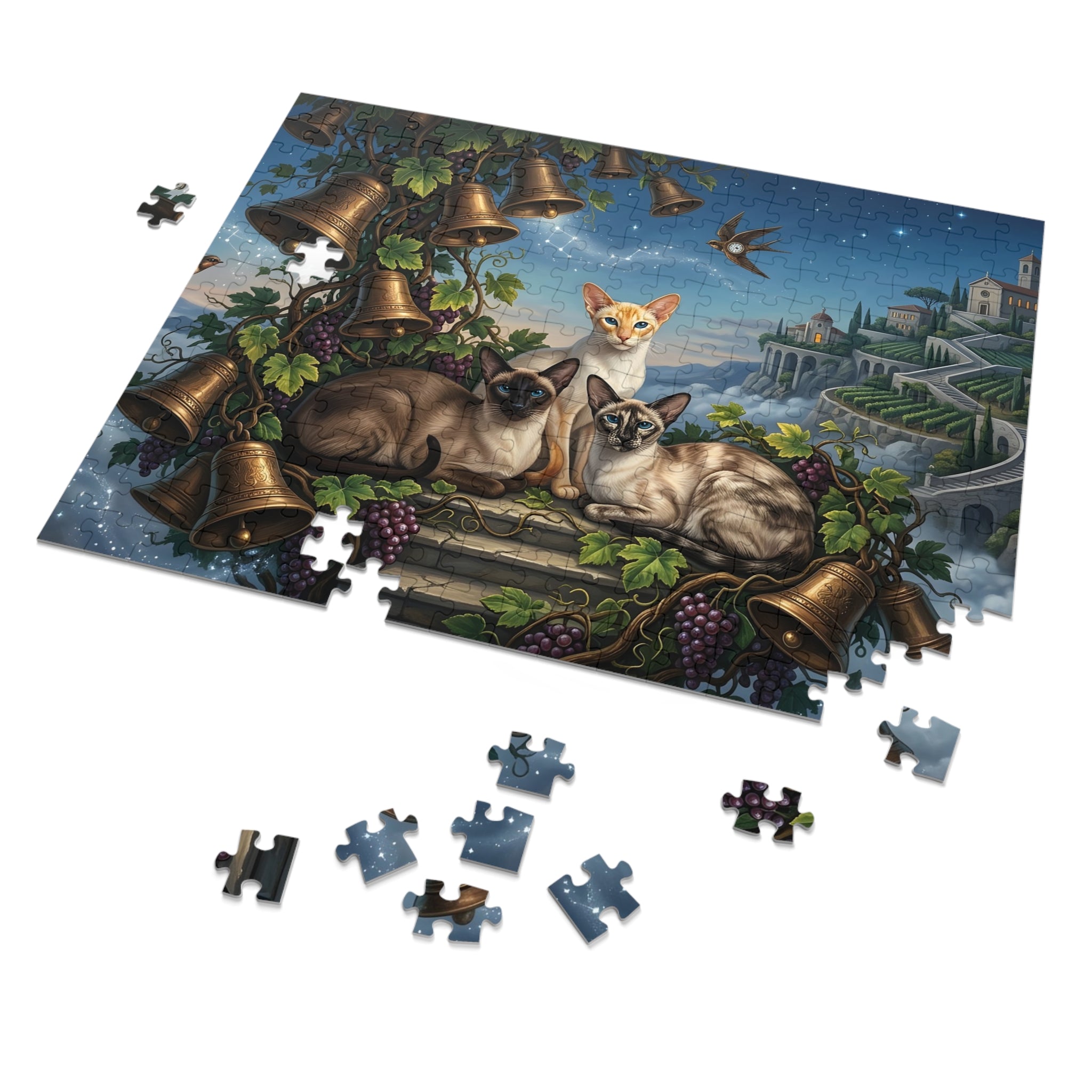 Siamese Cat Bronze Bell Grapevine Mediterranean Cliffside Village Jigsaw Puzzle