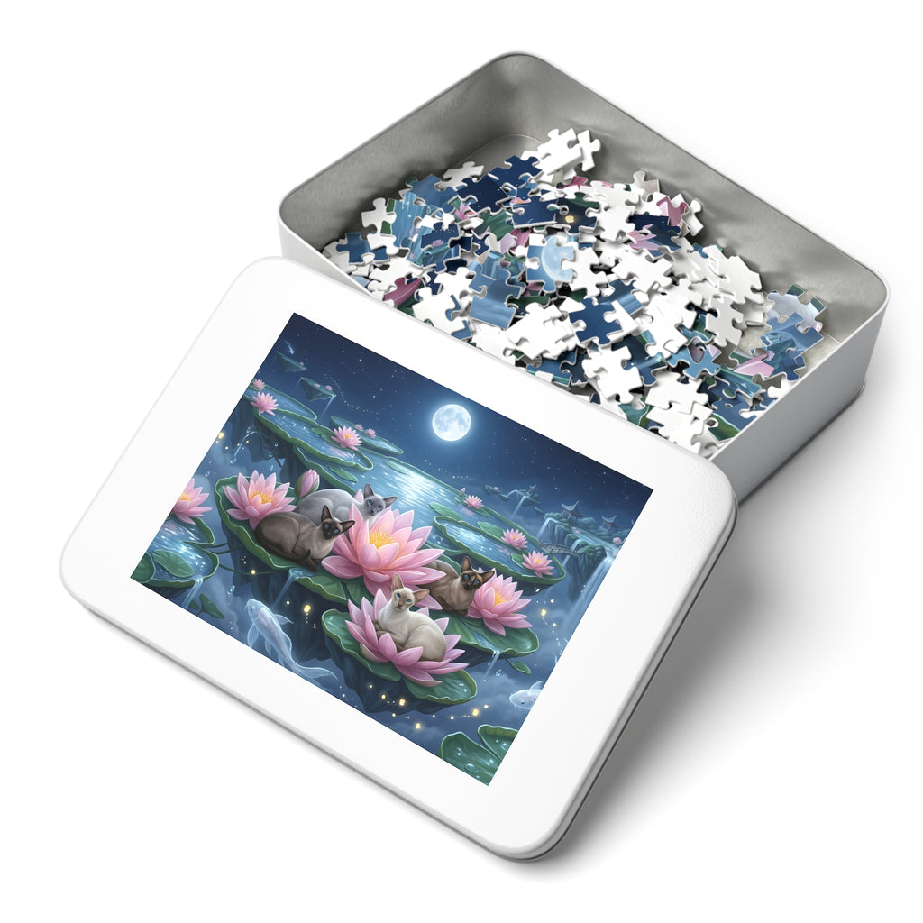 Siamese Cat Floating Lotus Water Lily Moonlight Lake Jigsaw Puzzle