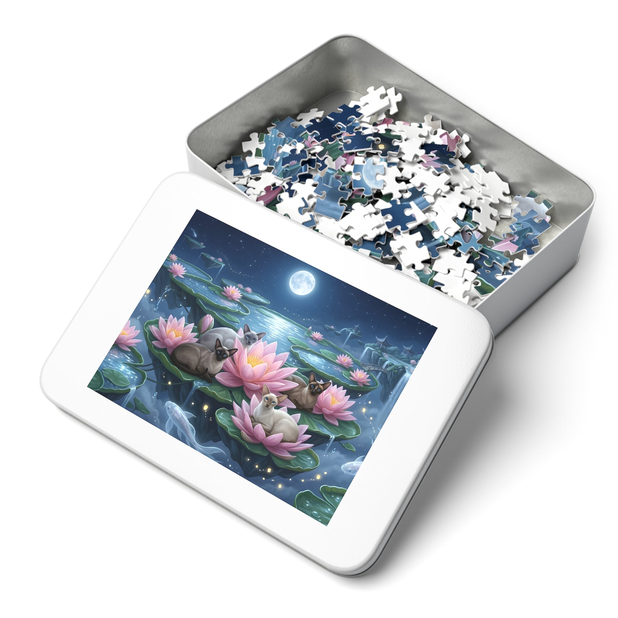 Siamese Cat Floating Lotus Water Lily Moonlight Lake Jigsaw Puzzle