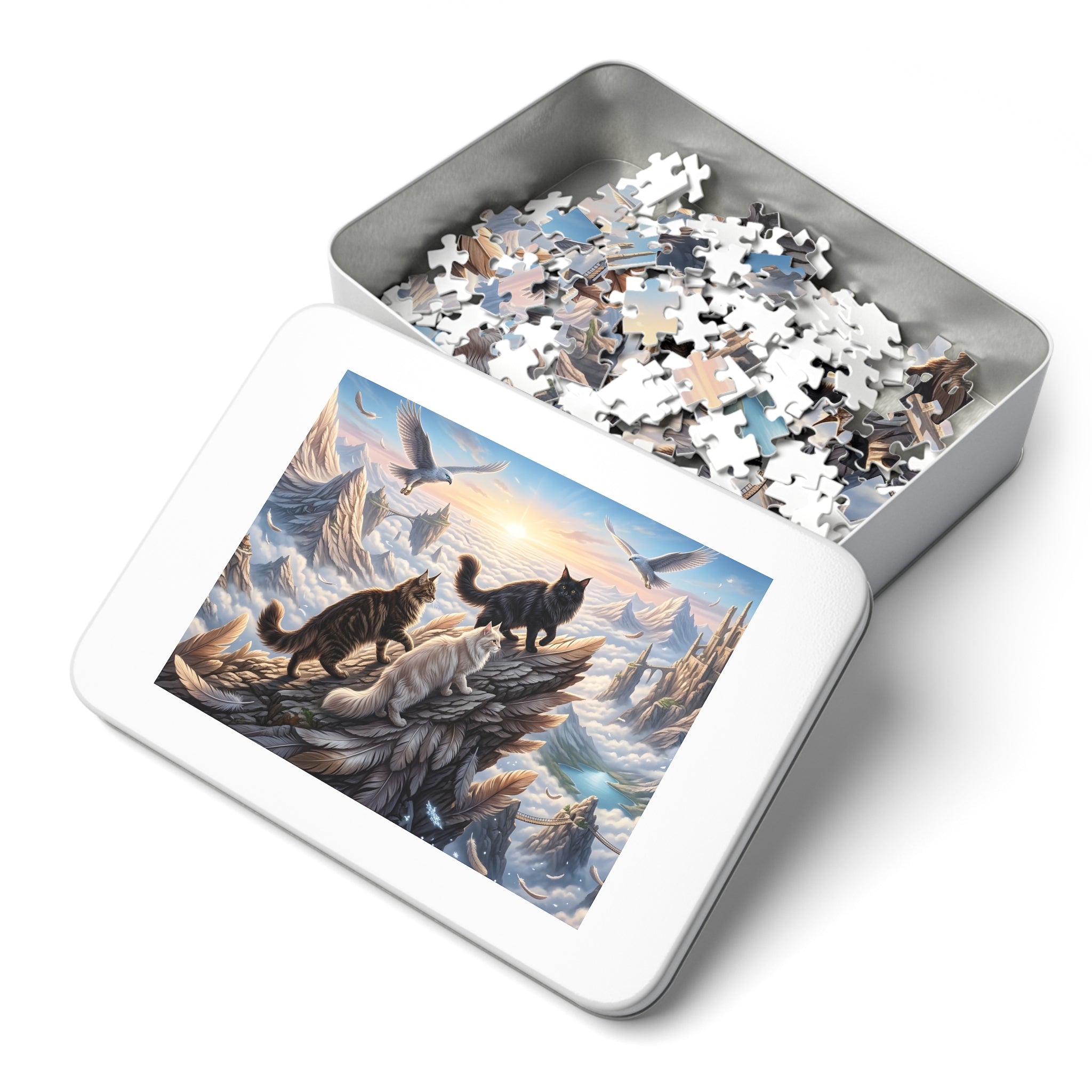 Maine Coon Cat Feather Mountain Cliff Falcons Cloud Castle Jigsaw Puzzle