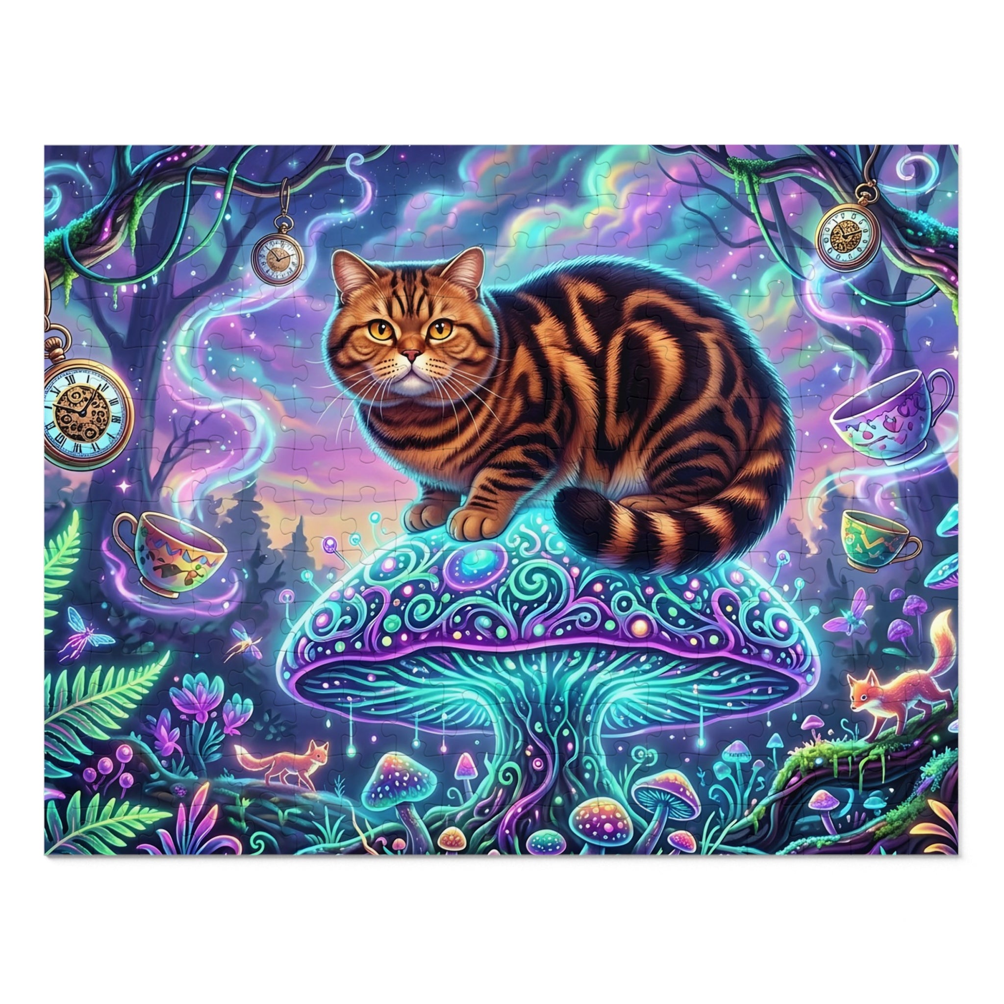 Brown Tabby British Shorthair Mushroom Wonderland Jigsaw Puzzle